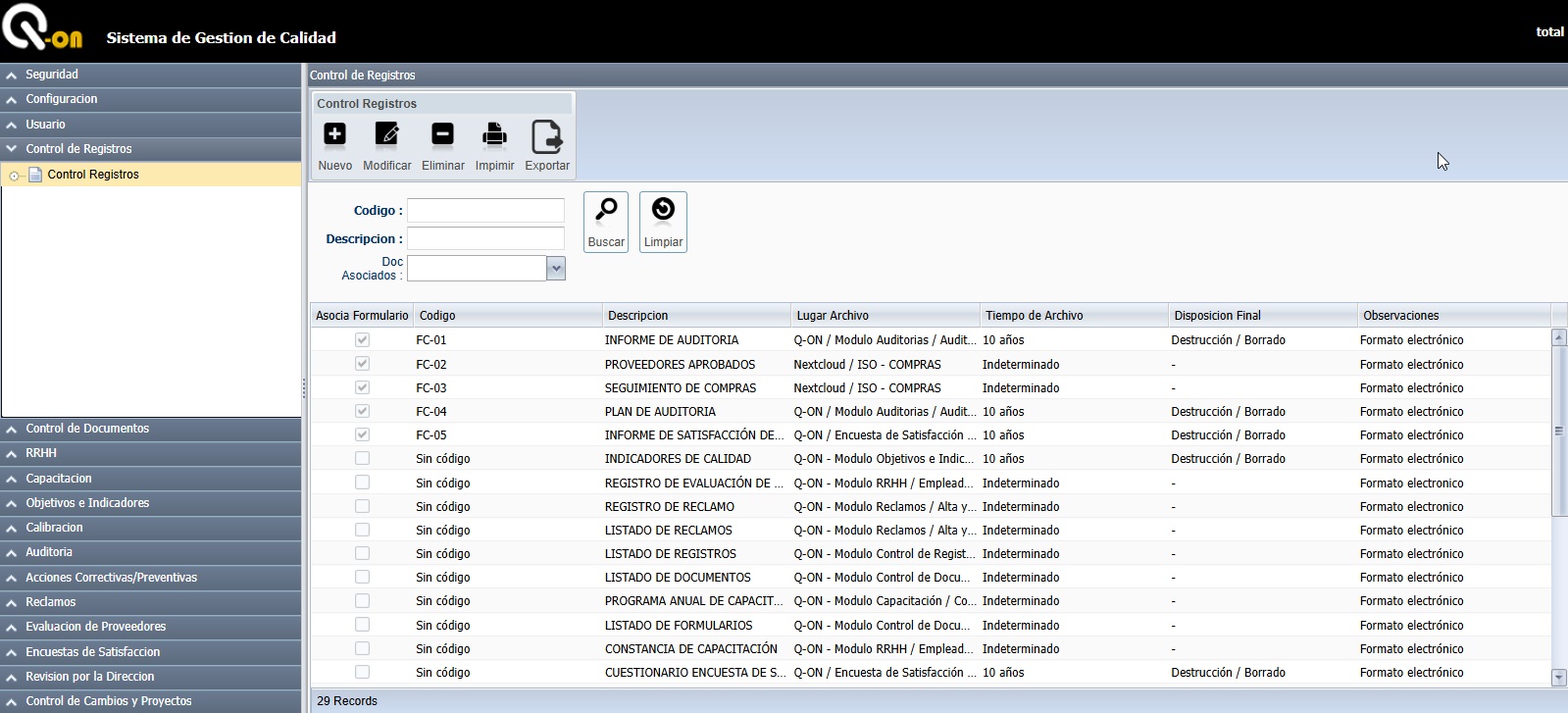 Control de registros